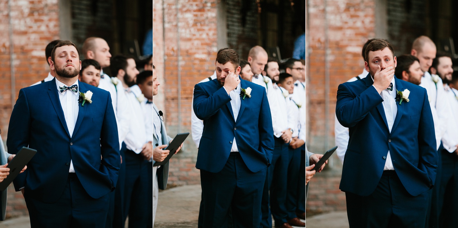 Virginia + Kory | emotional, industrial style wedding with dusty blue, ivory, and gold accents at the Mckinney Cotton Mill by North Texas Wedding Photographer Rachel Meagan Photography | 040