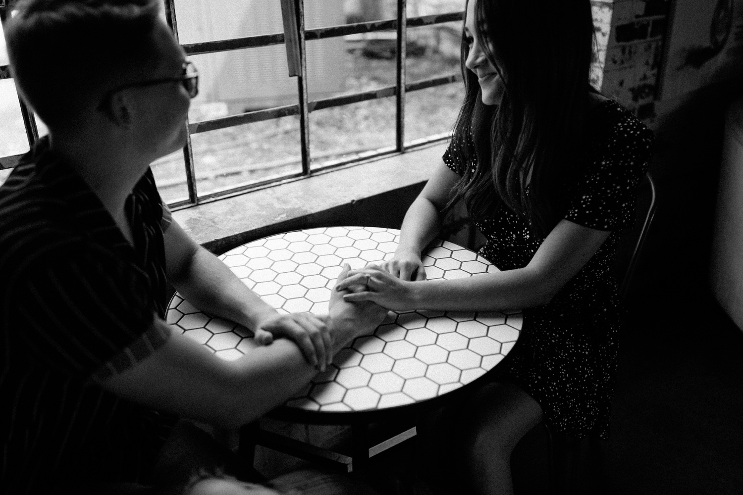 Annie + Max | cozy coffee shop, dowtown Fort Smith, Hawksbill Crag stylish engagement session in the Ozark National Forest by Destination Wedding Photographer Rachel Meagan Photography | 008