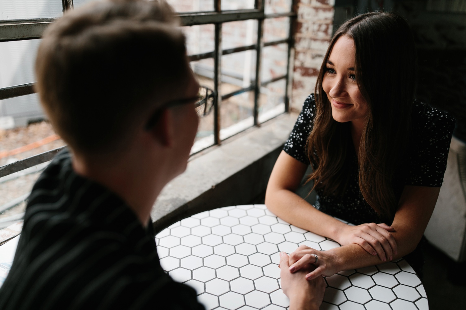 Annie + Max | cozy coffee shop, dowtown Fort Smith, Hawksbill Crag stylish engagement session in the Ozark National Forest by Destination Wedding Photographer Rachel Meagan Photography | 009